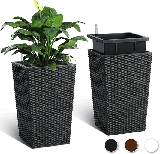 GarveeLife 16 Inch Tall Rattan Planter Set of 2, Large Self-Watering Pot with Water Level Monitor Outdoor and Indoor for Patio, Porch, Living Room, or Home Office, Black