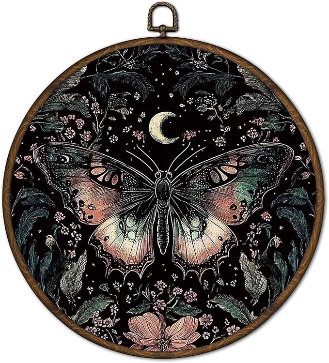 cvjutf Gothic Butterfly Wall Art Framed, Butterfly Bathroom Decor, Witchy Moth Round Wall Decor, Dark Cottagecore Moth Canvas Prints Art for Gallery Bathroom Bedroom Living Room, 10x10 Inch