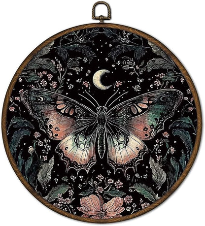 cvjutf Gothic Butterfly Wall Art Framed, Butterfly Bathroom Decor, Witchy Moth Round Wall Decor, Dark Cottagecore Moth Canvas Prints Art for Gallery Bathroom Bedroom Living Room, 10x10 Inch