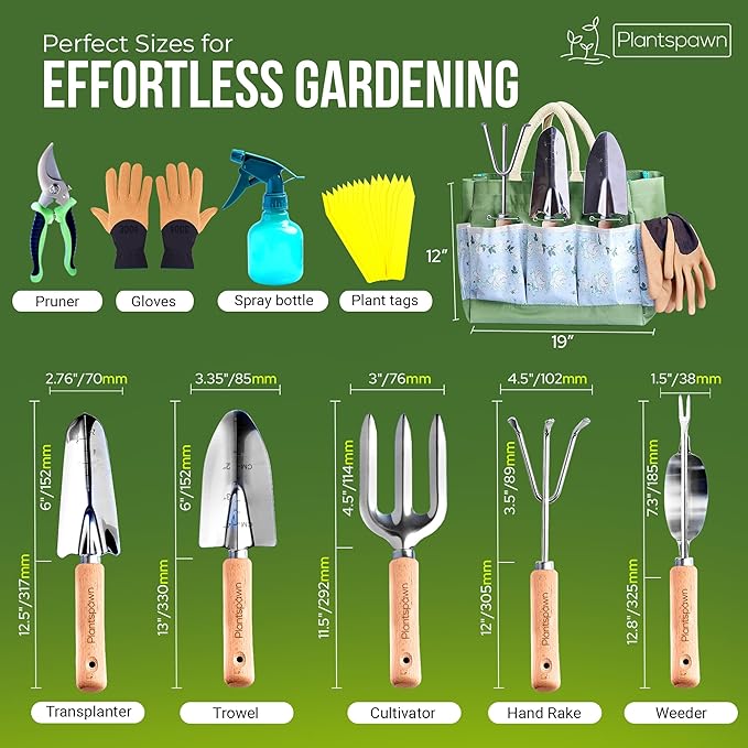 9 PCS Gardening Tools Set with Bag | Heavy-Duty Rust-Proof Hand Tools with Wooden Handles Including 15 Plant Tags | Ideal Gift for Women, Men, Mom, Dad & Gardeners