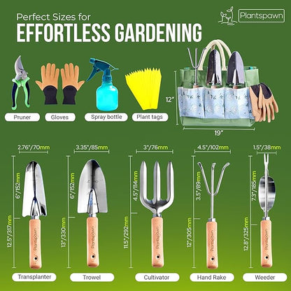 9 PCS Gardening Tools Set with Bag | Heavy-Duty Rust-Proof Hand Tools with Wooden Handles Including 15 Plant Tags | Ideal Gift for Women, Men, Mom, Dad & Gardeners