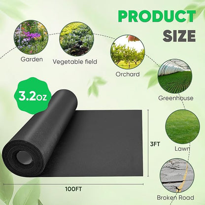 Non-Woven Thick Weed Barrier Fabric 3 FTx300 FT, 3.2oz Heavy Duty Weed Barrier Landscape Fabric, Ground Cover for Superior Weed Control, Easy Setup for Gardens, Landscaping, Flower Beds (Black)