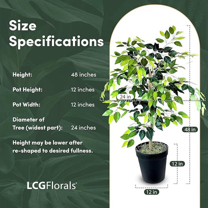 4ft Ficus Tree in Black Pot with Real-Wood Trunk - Indoor and Outdoor Faux Plants for Patio, Living Rooms, Offices & Outdoor Spaces