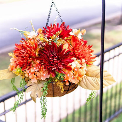 Artificial Fake Hanging Mums Flowers Plants Baskets for Outdoor Outside Decoration, Faux Silk Orange Flower Chrysanthemum UV Resistant Realistic for Porch Patio Balcony Yard Decor