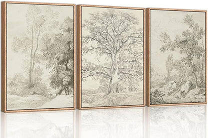 Ausril Vintage Sketchbook Forest Framed Canvas Wall Art Set, Neutral Minimalist Tree Wall Decor, Wilderness Illustration Wall Painting, Retro Botanical Art Print Living Room, Bedroom, Office-36"x24"x3