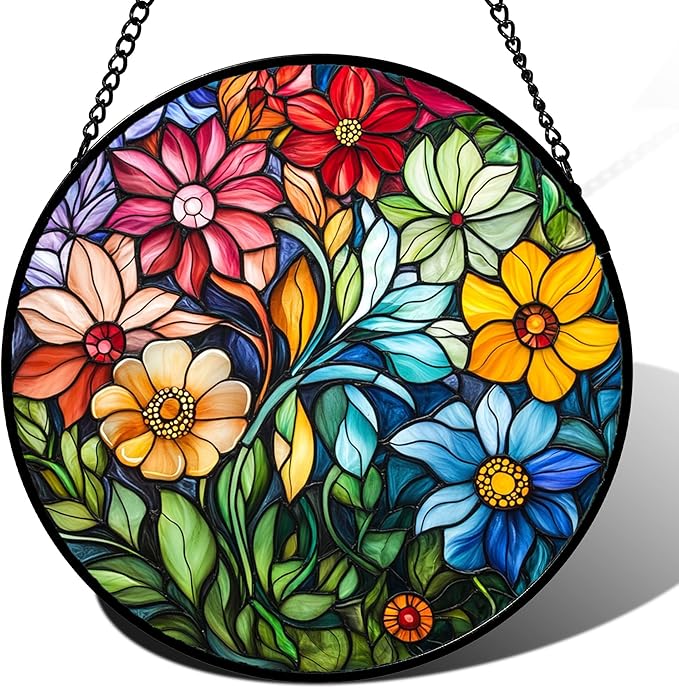 Stained Glass Window Hanging Colorful Flowers and Green Plants Large 11.8" - Suncatcher Door Garden Sun Catcher Home Decor Birthday Christmas for Mom Men Woman Nana Friend