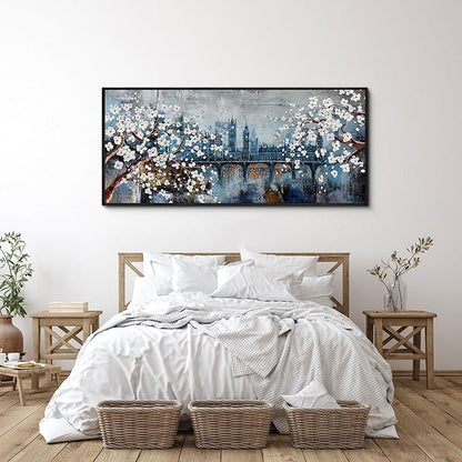 KLAKLA Extra Large Wall Art for Living Room City Scenes - Black Frame Large Abstract Wall Decor Bedroom Office Landscape Plum Blossom Picture Artwork for wall Modern Home Decoration