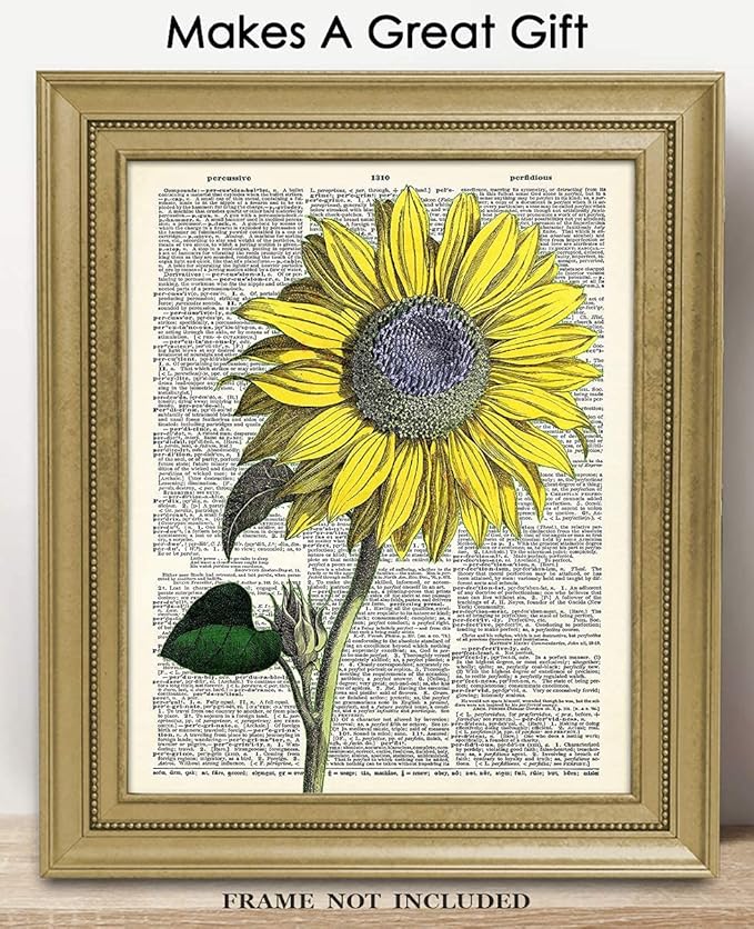 Vintage Sunflower Botanical Wall Art, Dictionary Posters - Give Your Home A Touch of Elegance With Plant Pictures Wall Art, Unframed 11x14 Botanical Decor Poster Prints