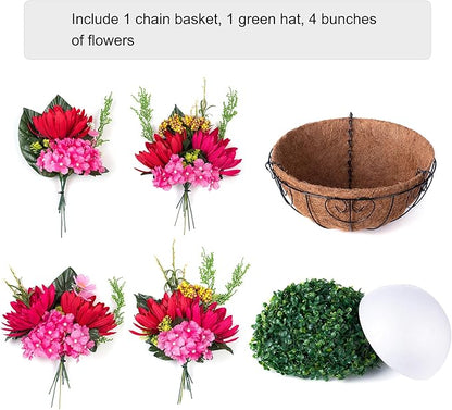 HyeFlora Artificial Fake Hanging Fall Mums Flowers Baskets for Outdoor Decoration, Faux Red Chrysanthemum Silk Red Flower, UV Resistant Realistic for Porch Patio Balcony Yard Summer Autumn Decor