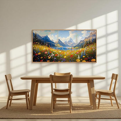 HOURIA Boho Vibrant Watercolor Wildflower & Snowy Mountain Framed Canvas Wall Art Set,Colorful Floral Landscape Decor,Modern Natural Field Scenery Artwork for Living Room,Bedroom,Farmhouse- 20"×40"×1