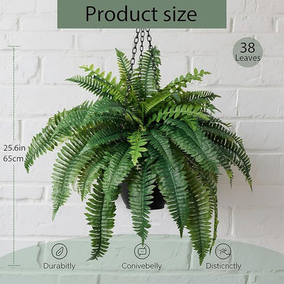 Fake Ferns Artificial Ferns for Outdoors 4Pack Large Faux Ferns UV Resistance for Outdoor Large Planter Realistic Artificial Boston Fern Plants for Garden Balcony Terrace Decor，25.6In,38Leaves