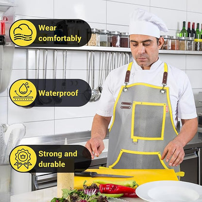 Waterproof Work Apron for Chefs, Hair Stylists, Artists, Gardeners, Adjustable, Multi-Pockets, TPU Mesh Fabric, Plus Size