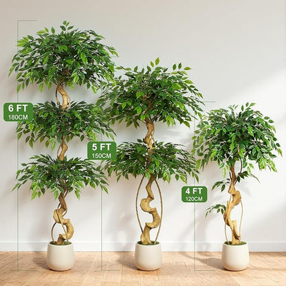 4ft Large Ficus Artificial Trees in White Pot, 48" Tall Fake Silk Tree with Natural Curved Trunk, Lush Faux Ficus Tree for Indoor Home Decor, Living Room, Office & Patio