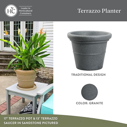 The HC Companies Terrazzo Large Round Plastic Plant Pot w/Rolled Rim - Lightweight & UV Resistant Gardening Pot for Herbs & More - Outdoor & Indoor Plant Pots w/Drainage (20”, Granite, Pack of 2)