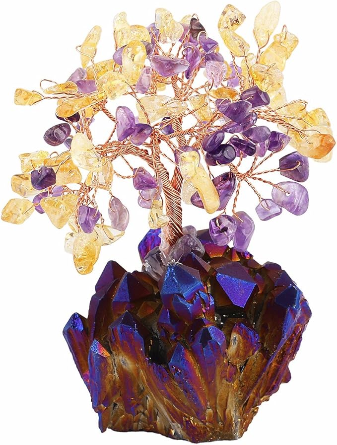 mookaitedecor Citrine & Amethyst Crystal Tree, Quartz Cluster Purple Titanium Crystals Base Bonsai Money Tree for Wealth and Luck