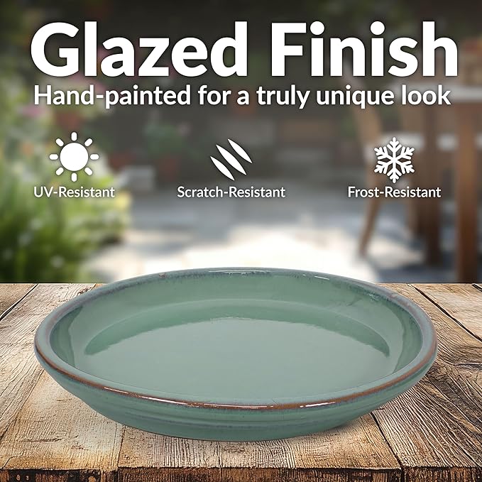 Sunnydaze 12-Inch Ceramic Plant Saucers - Plant Drip Trays for Outdoor Planter Flowerpot Drainage - Set of 4 - Seafoam