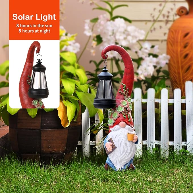 Coffee Gnome Garden Decor Statue Solar-Powered Gnome Ornament Lantern-Lit Courtyard Decoration Birthday Gift for Mom on The Patio