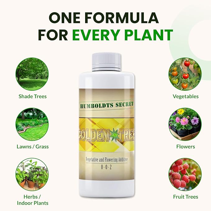 Humboldts Secret Golden Tree Liquid Plant Food | Enhances Growth Indoors or Outdoors | All-in-One Plant Nutrients for Vegetables, Trees, Flowers, Fruits, Roses, Lawns, Tomatoes | 8 Ounce