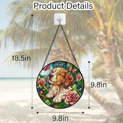 Stained Glass Window Hanging, Dog and Rose Suncatcher for Doors Home Butterfly Sun Catchers Decoration and Christmas, Mother's Day Birthday Gifts for Women, Men, and Mom 9.8 in