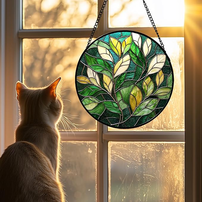 Stained Glass Suncatcher, Green Plant Sun Catcher Yellow White Leaves Stain Glass Window Hanging Decoration Mother's Day Birthday Gifts for Women Men Mom Nana 11.8 in
