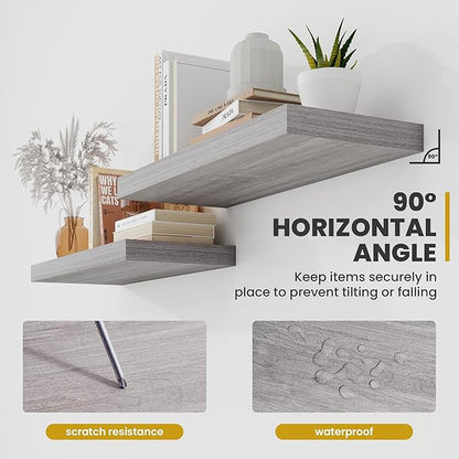 16 Inch Floating Shelves, 9.3" Deep Floating Shelf Wall Mounted, 16" Wall Shelves, Rustic Deep Bookshelf, Large Display Shelves & Storage Shelves for Bedroom, Living Room, Grey, Set of 2