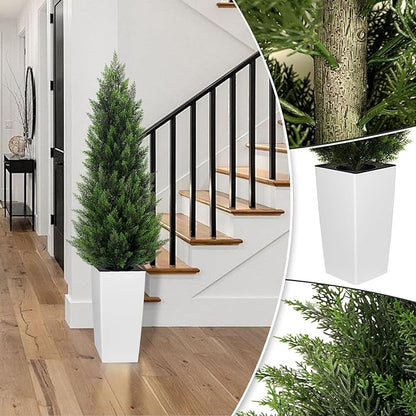 5FT Tall 2 Set Artificial Topiary Cedar Tree, Indoor Realistic Faux Cypress Plants with Square Flowerpot, Outdoor Evergreen Fake Shrubs for Home Living Room Front Porch Decor