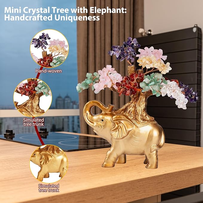 7 Chakra Crystal Money Tree on Gold Mini Elephant Statue, 10”Gemstone Bonsai Tree of Life Home Décor Gifts for Wealth Positive Energy, Feng Shui Décor