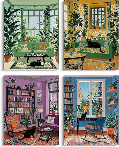 NIIORE Botanical Garden Living Room Wall Art, Black Cat and Plants Reading Room Home Decor, 4 Piece Canvas Prints 8 x 10 Inches Unframed