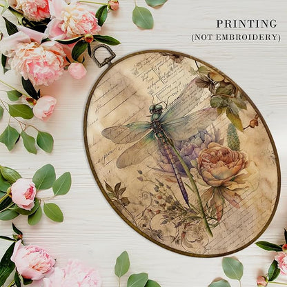 MAQIKA Vintage Dragonfly Flower Oval Framed Wall Art Decor, Dragonfly Wall Art, Retro Botanical Oval Wall Hanging Decor, Dragonflies Canvas Prints Wall Art for Bedroom Living Room,8.7x11.3 Inch
