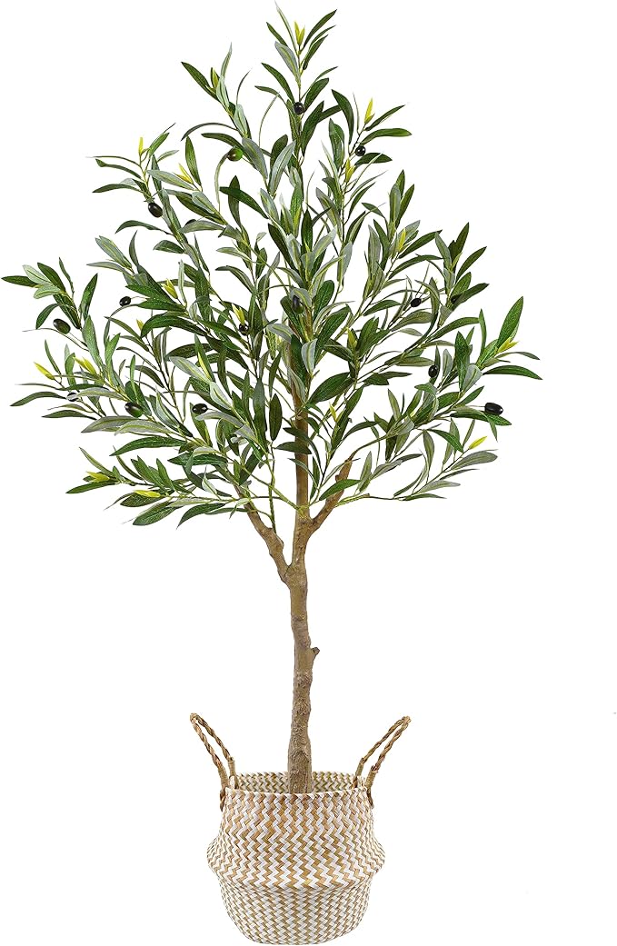 Artificial Olive Tree, 4ft Tall Fake Olive Leaves Plant with Basket, Indoor Outdoor Faux Olive Topiary Silk Tree for Home Livingroom Office Décor