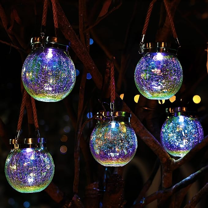 Cooo Christmas Gifts 6 Pack Solar Lanterns Waterproof Outdoor Iridescent Heavy Crackle Glass a Big LED Stainless Steel Lid 215% Solar for Women Mom Grandma Outdoor Table Lamps Garden Backyard Decor