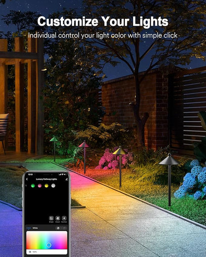 Lumary Smart Low Voltage Pathway Lights, Landscape Path Lights with RGBAI Color Changing, IP65 Waterproof Outdoor Lighting for Yard Driveway, App/Voice/Remote Control, 4 Pack, Cone Path Lights