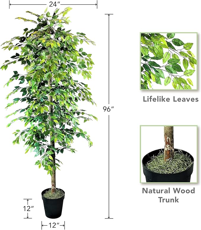 8ft Artificial Ficus Tree in Black Plastic Pot - Real Wood Trunk, Preassembled, No Maintenance Indoor Faux Plant - Living Room, Home & Office Decor