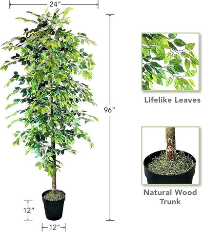 8ft Artificial Ficus Tree in Black Plastic Pot - Real Wood Trunk, Preassembled, No Maintenance Indoor Faux Plant - Living Room, Home & Office Decor