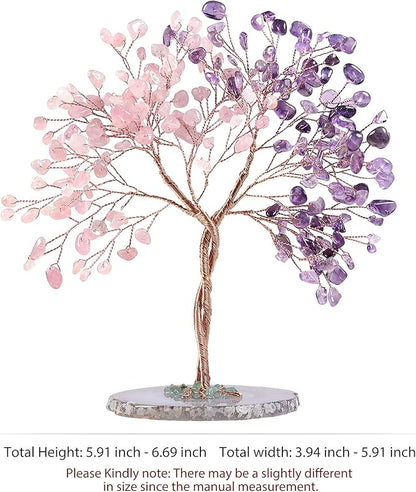 mookaitedecor Handmade Rose Quartz & Amethyst Crystal Tree with Agate Slice Base, Bonsai Money Tree of Life for Wealth and Luck, Feng Shui Home Decor