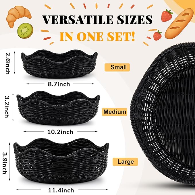 3 Pcs Wicker Bread Basket Plastic Rattan Woven Bread Baskets for Serving Rattan Fruit Bowl Kitchen Restaurant Counter Organizing (11.4'',10.3'',8.7'')