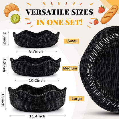 3 Pcs Wicker Bread Basket Plastic Rattan Woven Bread Baskets for Serving Rattan Fruit Bowl Kitchen Restaurant Counter Organizing (11.4'',10.3'',8.7'')