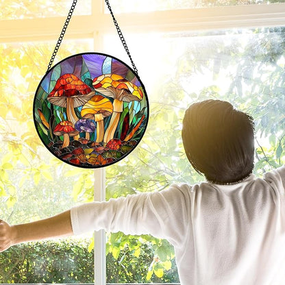 Stained Glass Window Hanging, Jungle Mushrooms Sun Catchers Diamond Glass Panel Hangings Plant Suncatcher Decor for Birthday for Women, Men, Wife, Aunt, and Mom 11.8x11.8 in