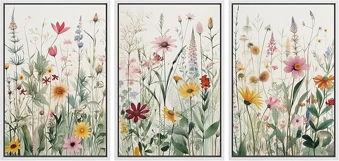 Ashbrook Framed Canvas Print Wall Art Set Garden Forest Wildflowers Nature Wilderness Illustrations Modern Art Decorative Floral Botanical Minimal Calm/Relax/Cozy for Bedroom - 16"x24"x3 WHITE