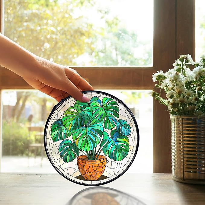 TNUW Monstera Plant Stained Glass Window Hanging, Monstera Leaf Decor Sun Catchers Indoor Window Glass Round Wall Art Decor, Plant Lovers Gifts Wall Hanging Decorations, 7.9＂x7.9＂Green Patio，Lawn,
