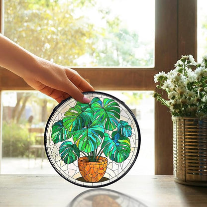 TNUW Monstera Plant Stained Glass Window Hanging, Monstera Leaf Decor Sun Catchers Indoor Window Glass Round Wall Art Decor, Plant Lovers Gifts Wall Hanging Decorations, 7.9＂x7.9＂Green Patio，Lawn,