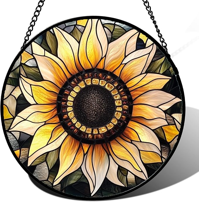 Stained Glass Window Hanging - Sunflower Suncatcher for Door Garden Patio Retro Flower Sun Catchers Decor Christmas Mother's Day Birthday Gifts for Women Mom Nana Friend Wife 6.3 in
