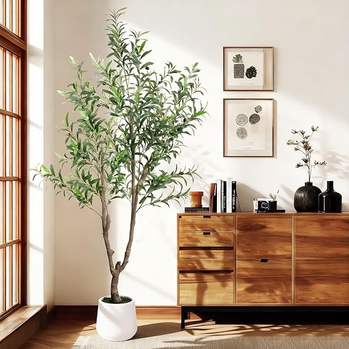 Fake Tree Faux Olive Tree with White Tall Planter Tall Fake Plant Faux Trees Indoor Olive Trees Artificial Indoor Suitable for Home Decoration Hotel Dining Room Office Decoration 6 Feet Tall
