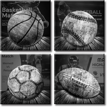 BLINFEIRU Sports Wall Decor for Boys, Black and White Sports Wall Art, Vintage Soccer Football Baseball Basketball Pictures Artwork, Modern Canvas Prints Home Men Bedroom Decoration 12"x12"x4
