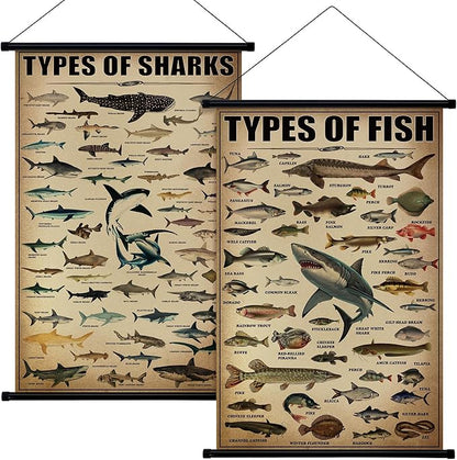 Geosar 2 Pcs Vintage Ocean Fish Poster Marine Animal Wall Decor Rustic Ocean Knowledge Picture Prints Wall Art Illustrative Reference Chart Poster for Home Office Classroom Bedroom, 15.7 x 23.6''