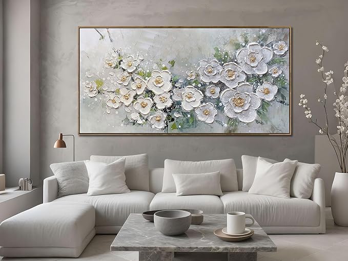 Brushart Large White Flower Wall Art Textured Floral Canvas Wall Art Decor Pictures Paintings Artwork for Living Room Dining Room Bedroom Home Office, Framed 58"x29"