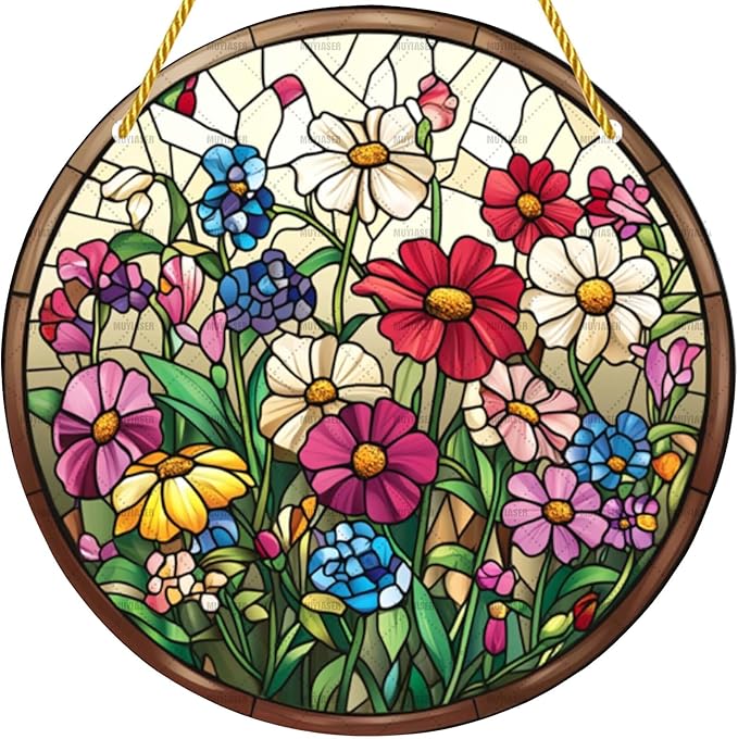 Acrylic Stained Window Hanging Flowers Acrylic Decoration for Indoor Outdoor Home Bar Office Garden Plastic Ornament Decor 12x12 Inch