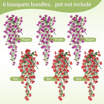 Artificial Hanging Flowers for Outdoors Faux Plants for Spring Summer Decoration,6 Bundles UV Resistant Realistic Silk Flowers Indoor Outside Garden Porch Patio Balcony Yard Farmhouse