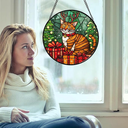 Stained Glass Window Hanging Orange Cat Elk Antler Large 15" - Suncatcher Door Garden Kitchen Sun Catcher Home Decor Birthday Gifts for Lost Pets Mom Men Woman Friend Grandma