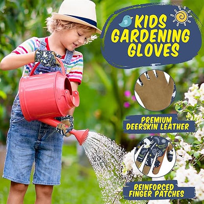 HANDLANDY 2 Pairs Kids Genuine Leather Gardening Gloves for ages 3-11, Children Toddler Work Outdoor Playing Gloves for Boys Girls Gift (Large (for age 8-11), Blue)
